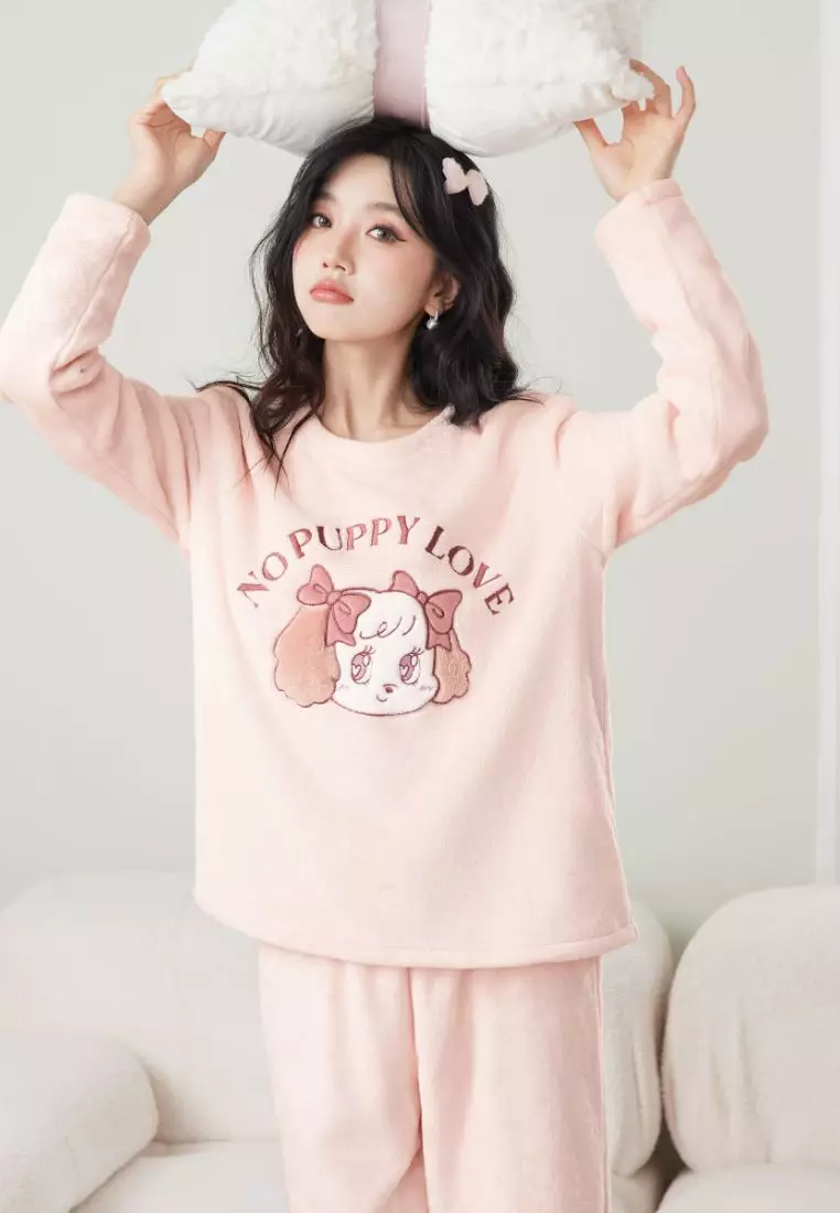 6IXTY8IGHT 6IXTY8IGHT KEELY, Long Sleeve Fleece Pajama Set Round Neck Regular Fit 3D Puppy Paw Pocket for Woman Girl HW09444