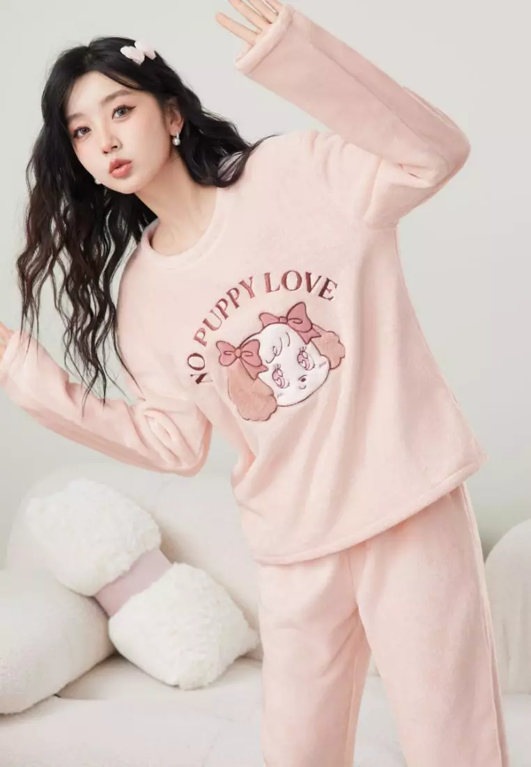 6IXTY8IGHT 6IXTY8IGHT KEELY, Long Sleeve Fleece Pajama Set Round Neck Regular Fit 3D Puppy Paw Pocket for Woman Girl HW09444