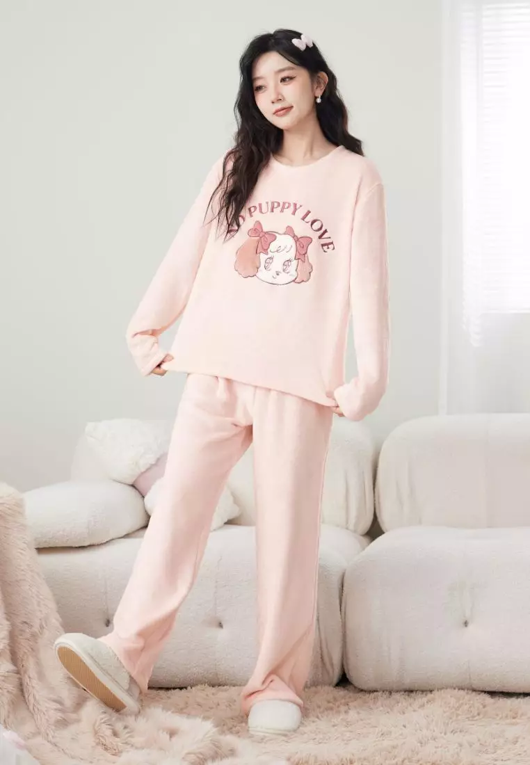 6IXTY8IGHT 6IXTY8IGHT KEELY, Long Sleeve Fleece Pajama Set Round Neck Regular Fit 3D Puppy Paw Pocket for Woman Girl HW09444