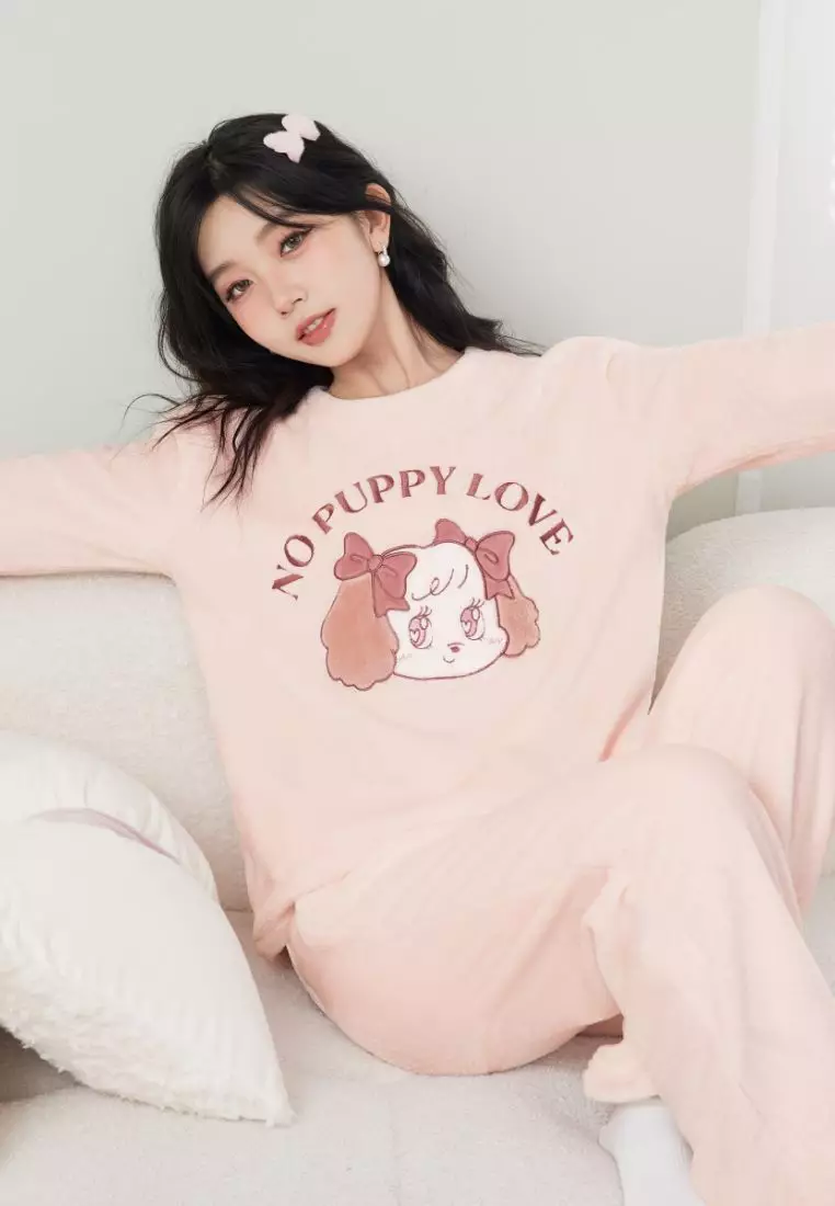 6IXTY8IGHT 6IXTY8IGHT KEELY, Long Sleeve Fleece Pajama Set Round Neck Regular Fit 3D Puppy Paw Pocket for Woman Girl HW09444