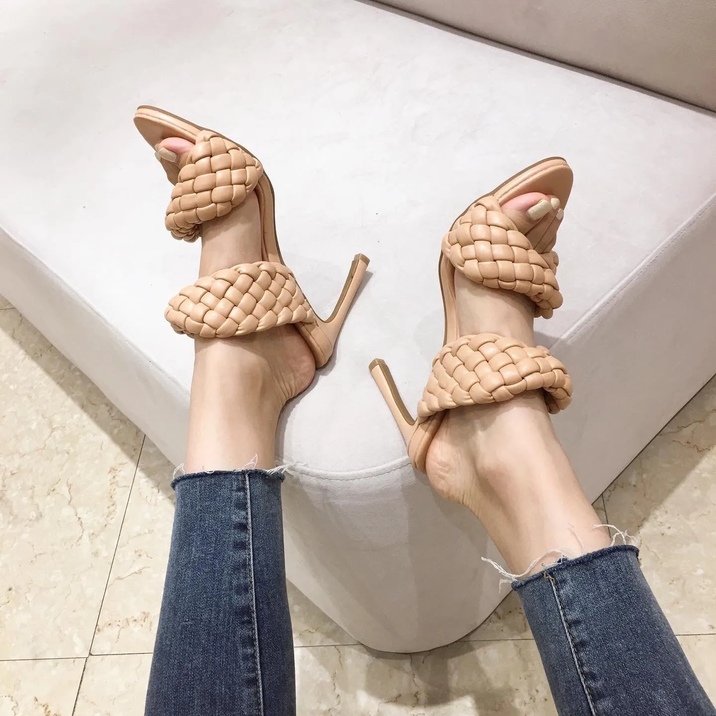 Apricot Weave Synthetic Leather Pointed Toe Slip-on High Heel Pumps for Women