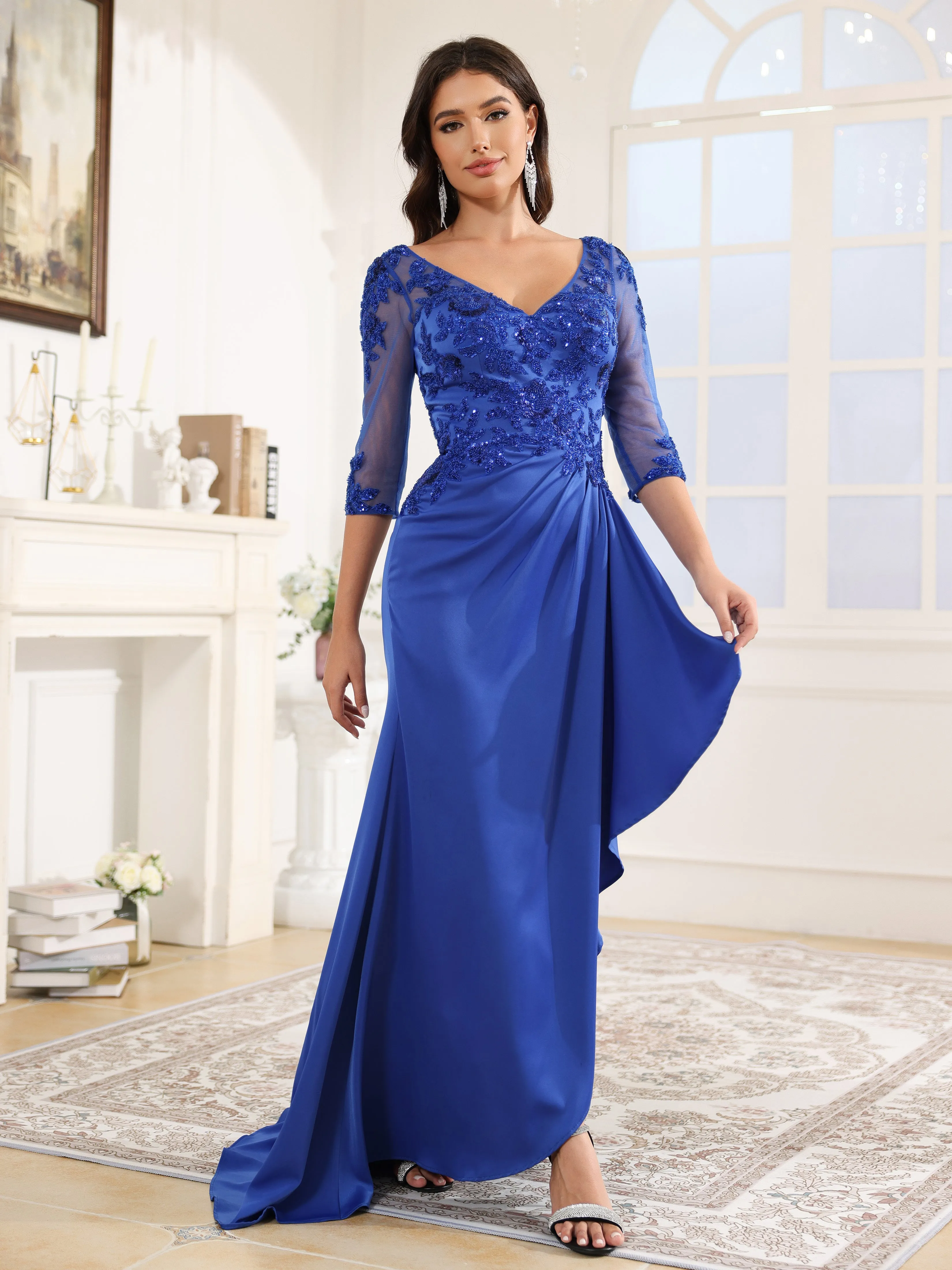 Asymétrique Col V&Dos V Manches 1/2 Satin Robe Mère de la Mariée avec traîne