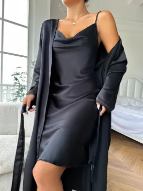 Black Satin Pajama Set  Long Sleeve Robe With Belt Loungewear