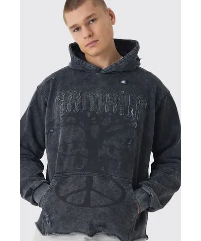 boohoo Mens Oversized Boxy Loopback Applique Raw Edge Hoodie