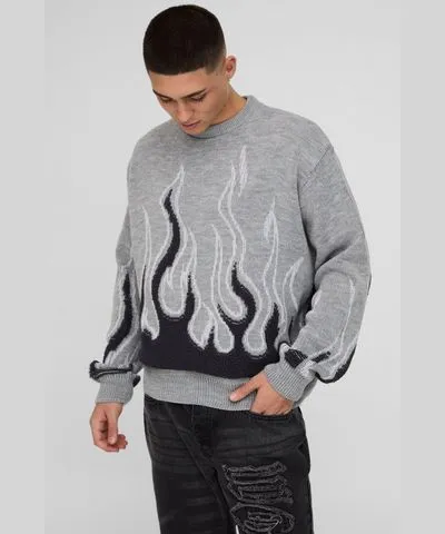 boohooMAN Mens Oversized Boxy Flame Textured Knitted Sweater