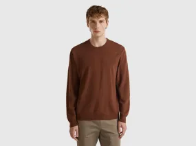 Coffee crew neck sweater in pure Merino wool - Brown | Benetton