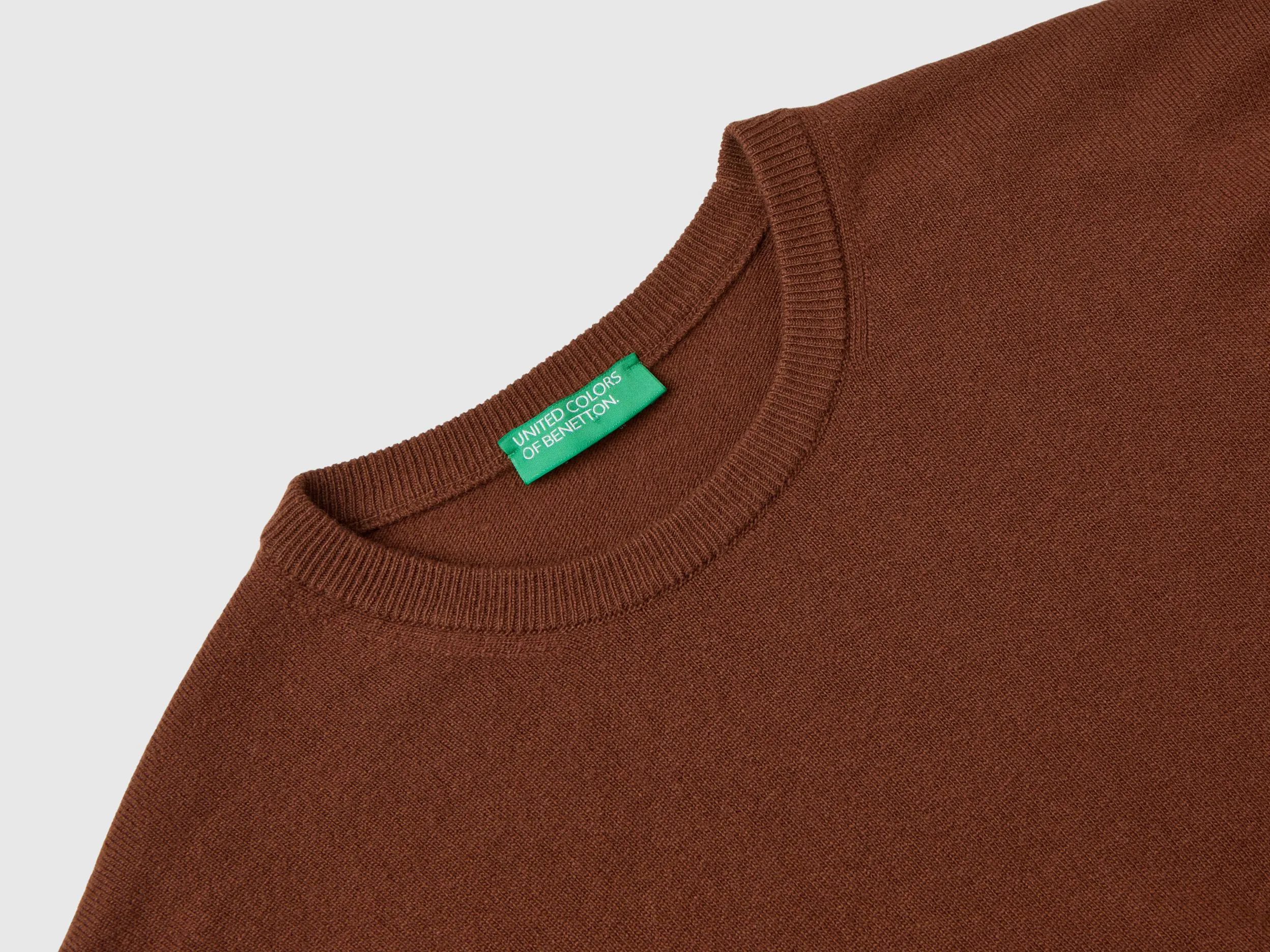 Coffee crew neck sweater in pure Merino wool - Brown | Benetton