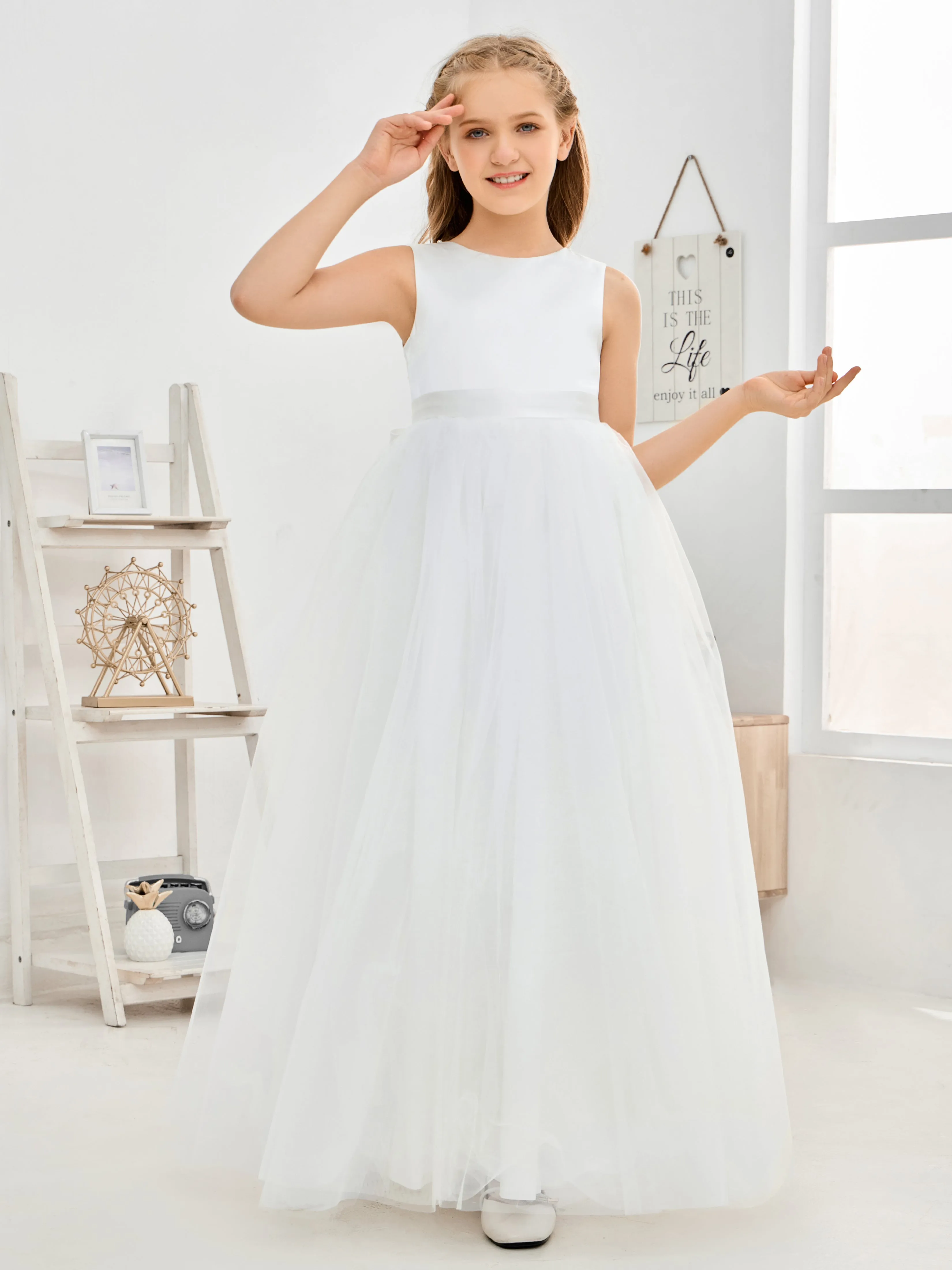 Col rond sans dos Ivoire Satin Tulle Longue Robe Fille