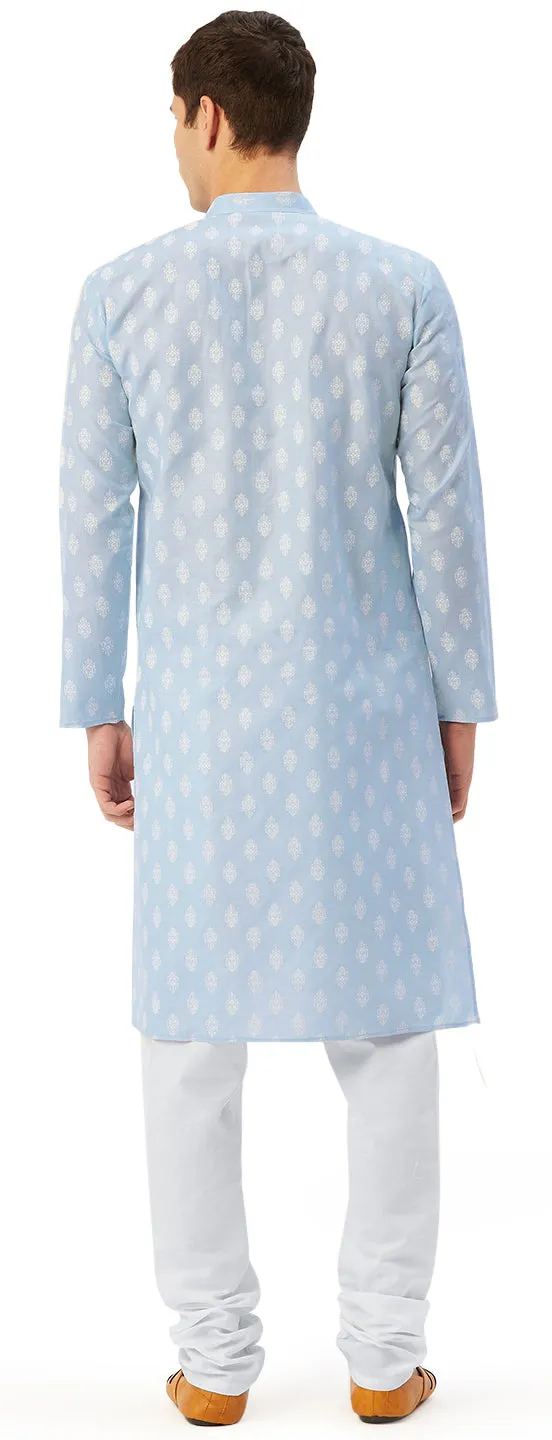 Cotton Kurta Pyjama Indian Traditional Printed Men (Sky Blue)