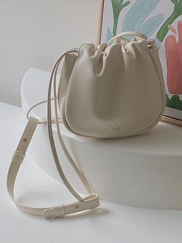 Cute Crossbody Sling Bag, Creamy Vegan Leather Shoukder Bag for Women, Pleated Opening Pouch Bag, Elegant Small Purse, Mininalis