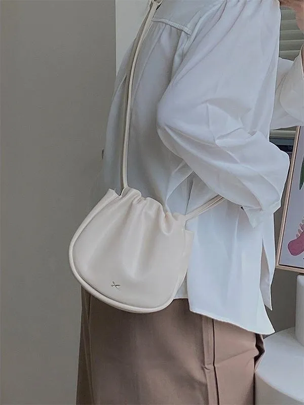 Cute Crossbody Sling Bag, Creamy Vegan Leather Shoukder Bag for Women, Pleated Opening Pouch Bag, Elegant Small Purse, Mininalis