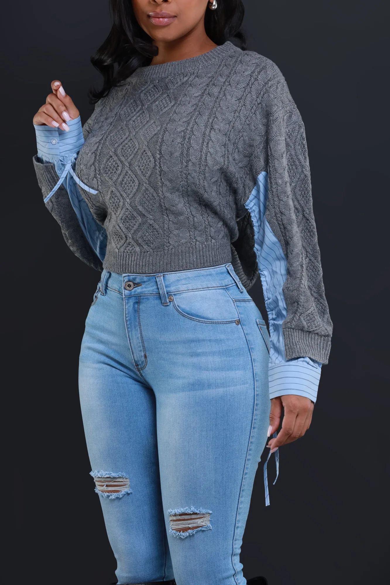 Easy To Do Contrast Knit Sweater - Grey