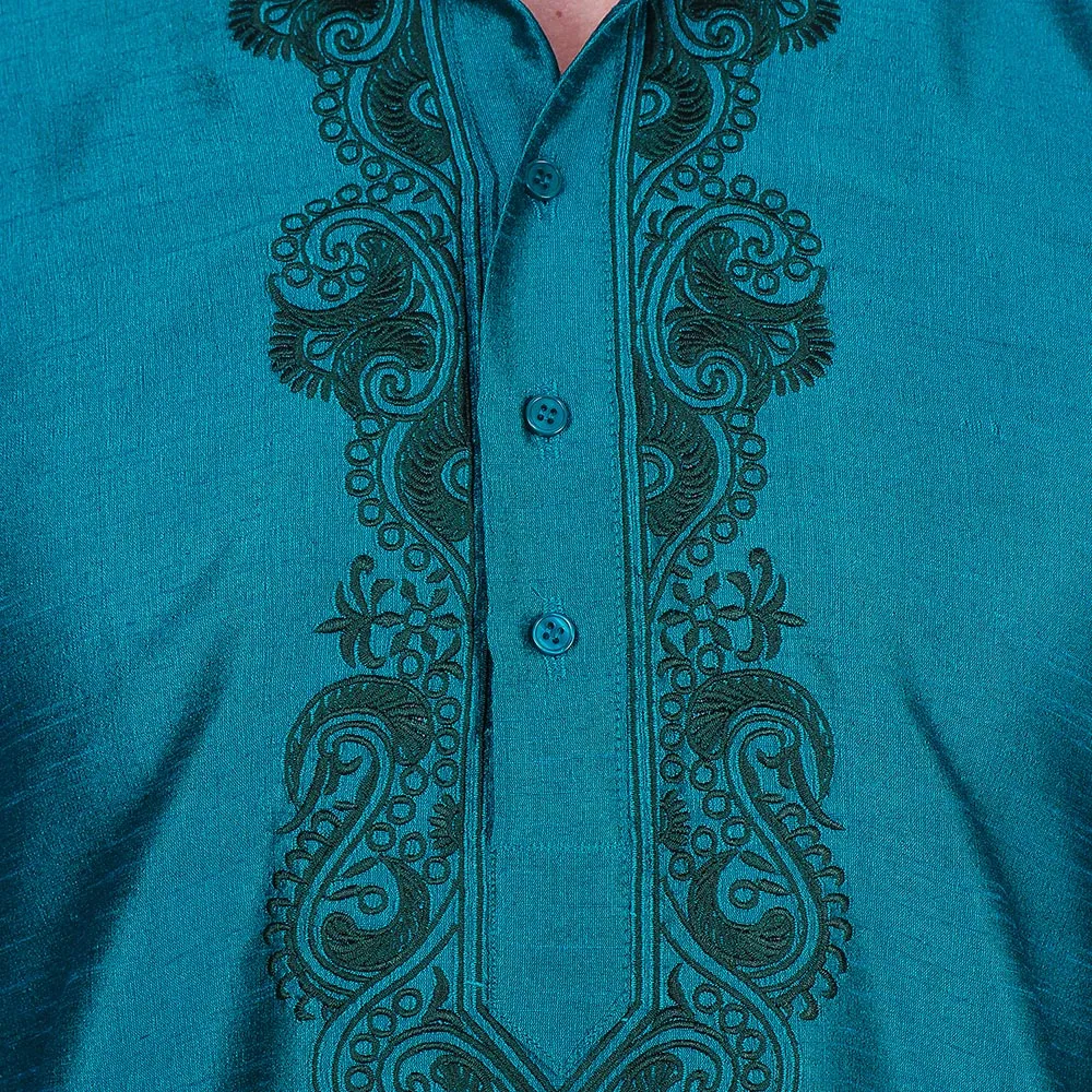 Embroidered Silk Mens Kurta Pyjama Indian Clothes (Turquoise)