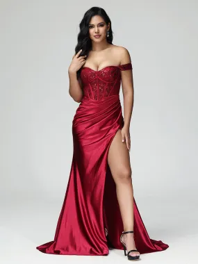 Epaule Dénudée Satin Stretch Robe de Soirée Plissé avec Traîne de Balayage en ROUGE