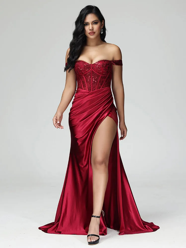 Epaule Dénudée Satin Stretch Robe de Soirée Plissé avec Traîne de Balayage en ROUGE