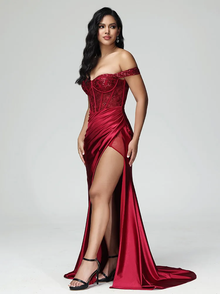 Epaule Dénudée Satin Stretch Robe de Soirée Plissé avec Traîne de Balayage en ROUGE