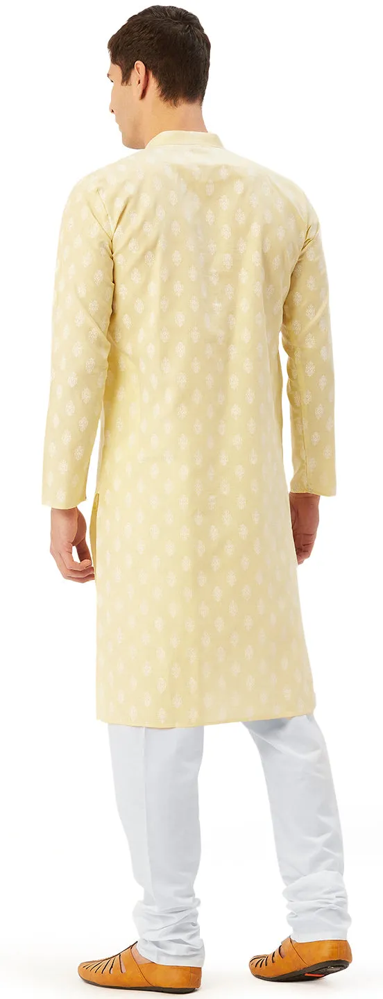 Ethnic Wear Men's Printed Kurta Pyjama Set Cotton Indian (Yellow)