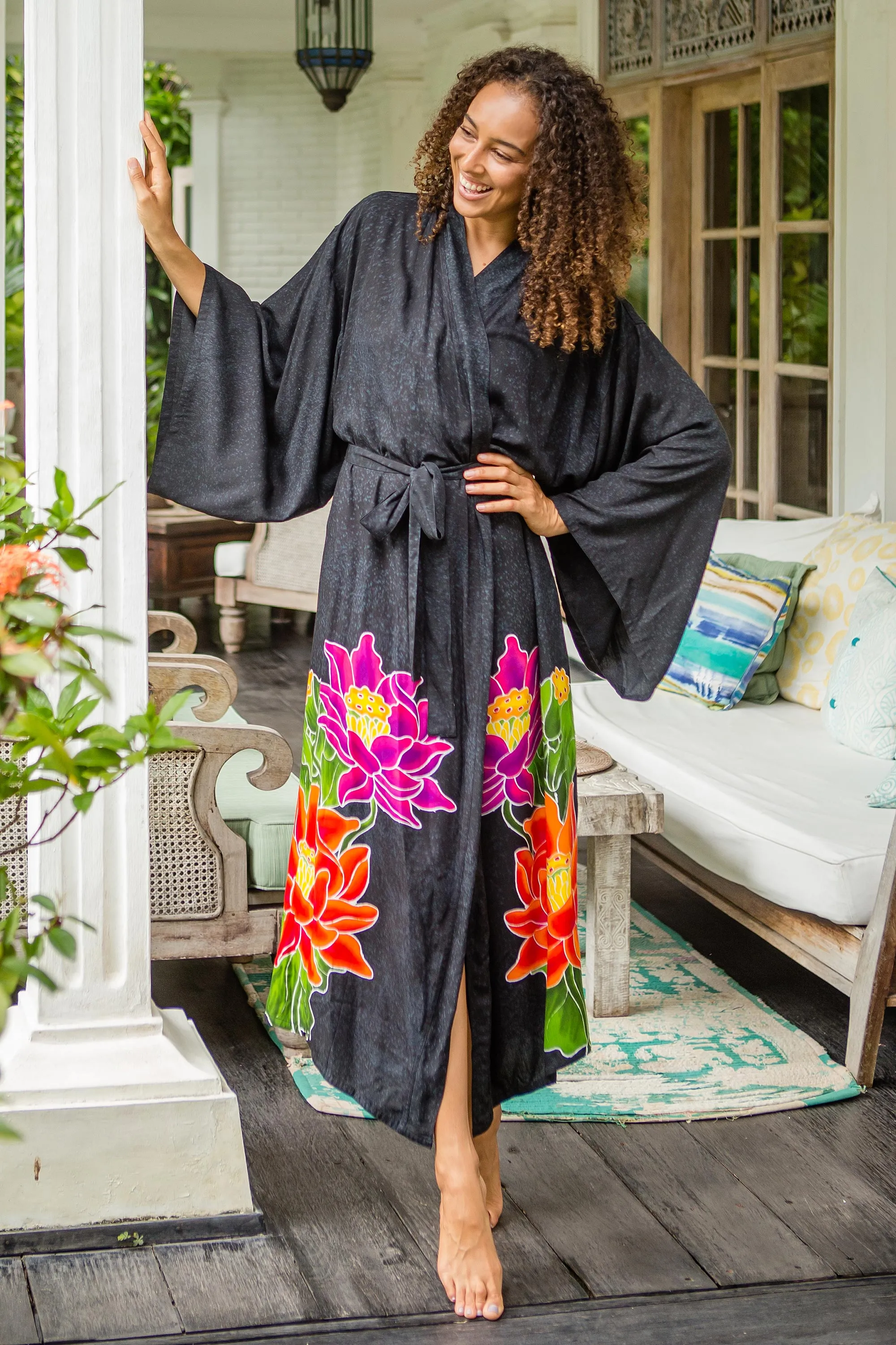 Floral Hand Painted Grey Robe from Bali, 