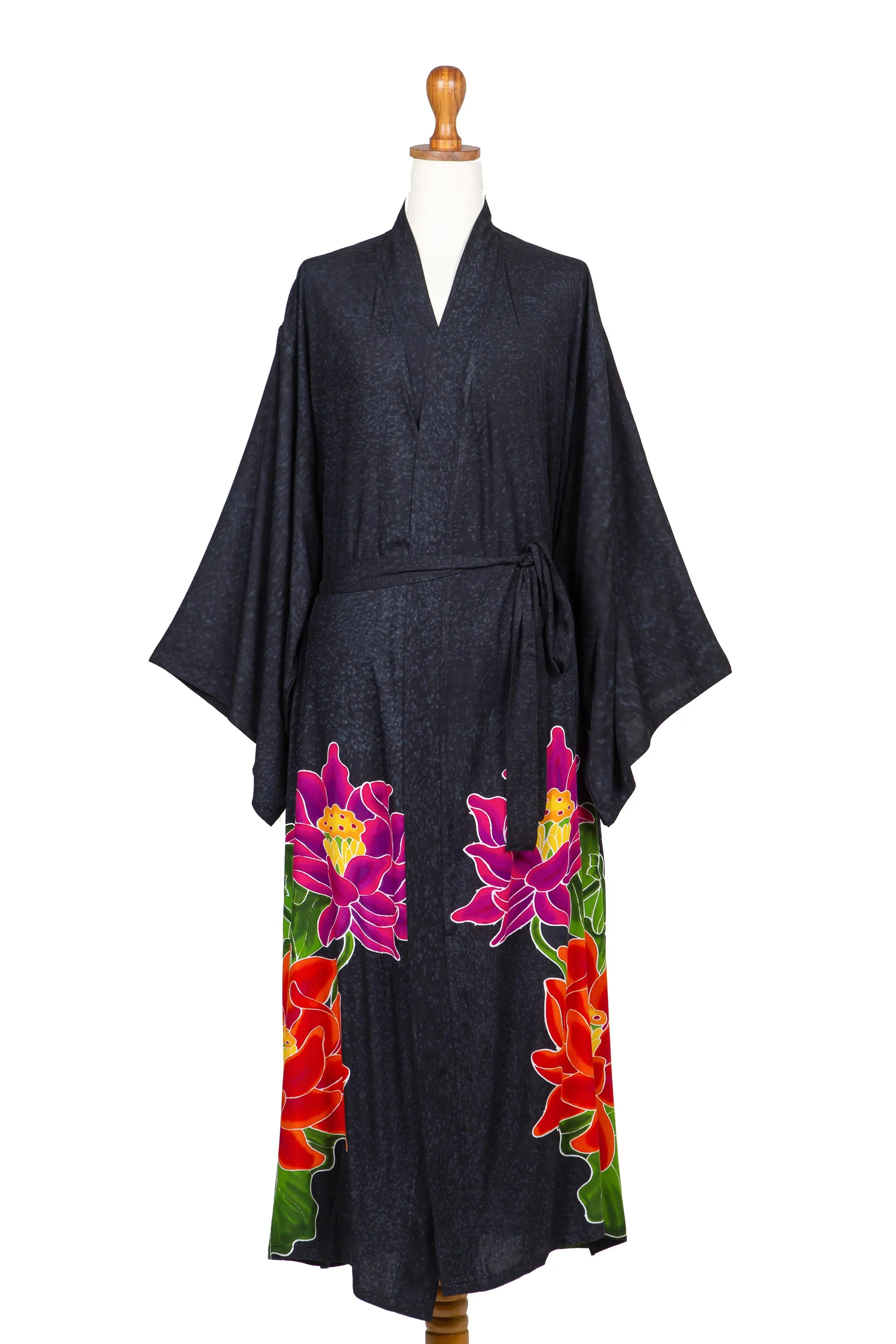 Floral Hand Painted Grey Robe from Bali, 