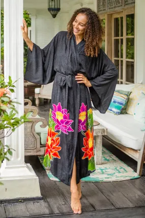 Floral Hand Painted Grey Robe from Bali, Beautiful Flowers in Grey