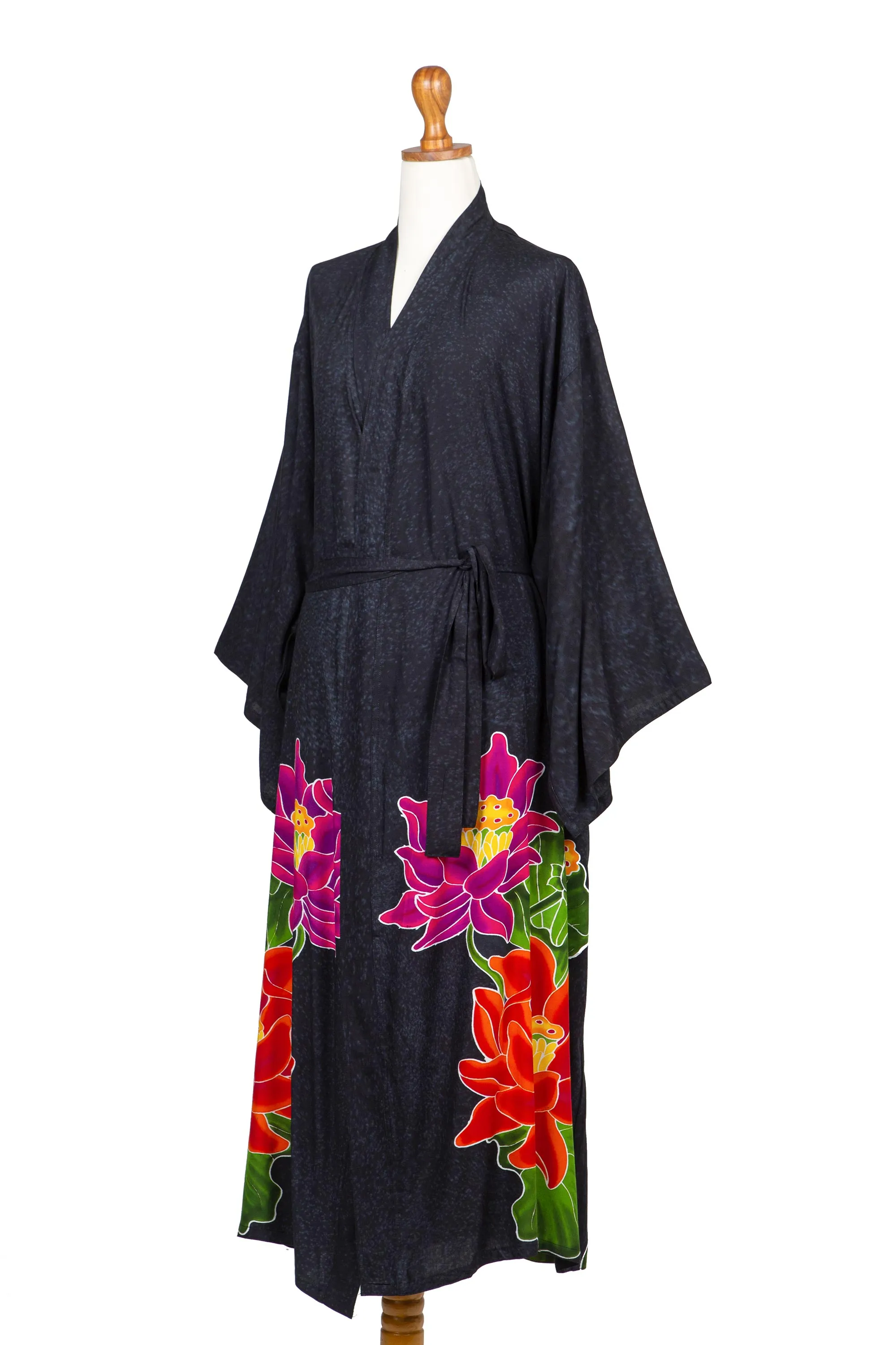 Floral Hand Painted Grey Robe from Bali, 