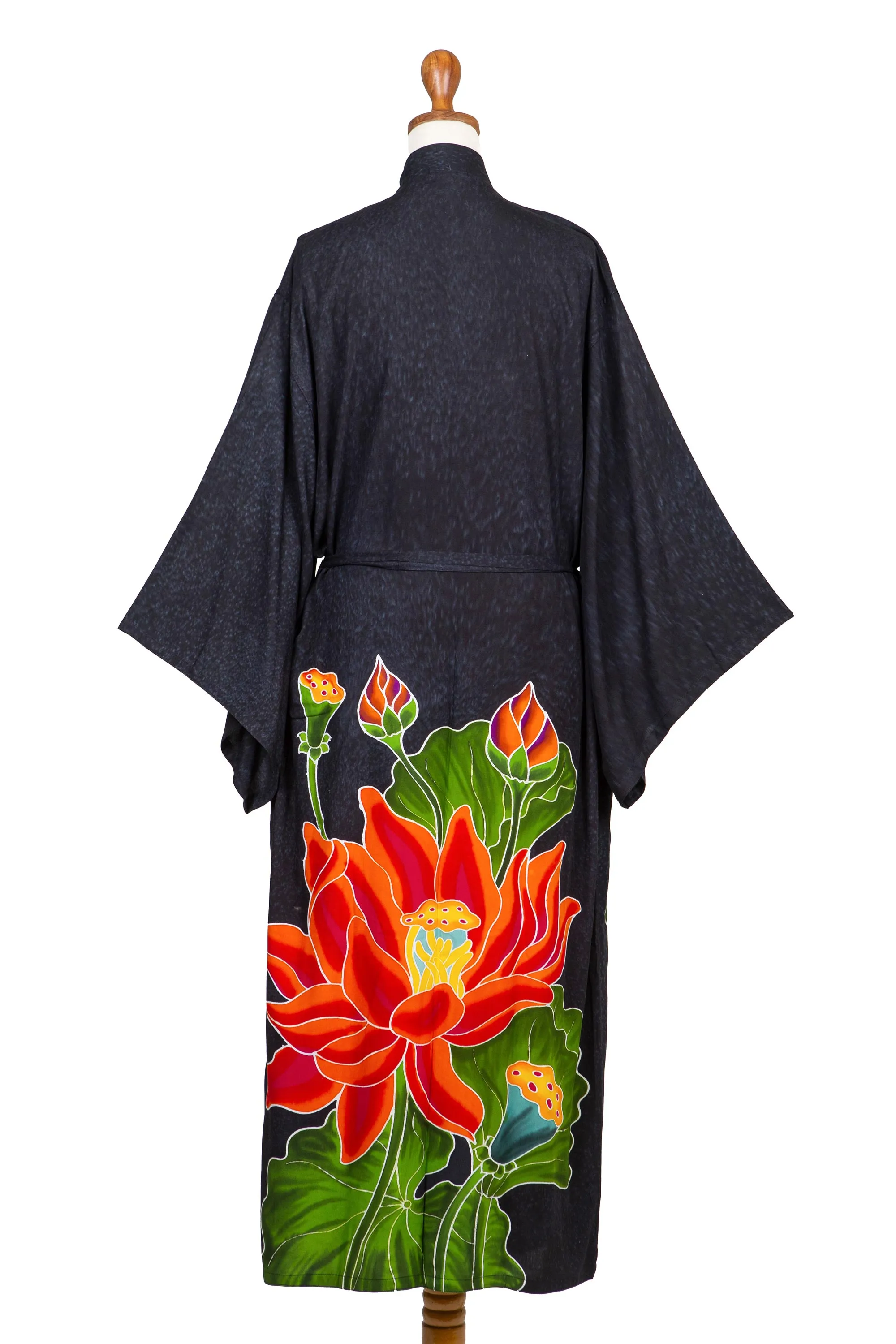 Floral Hand Painted Grey Robe from Bali, 