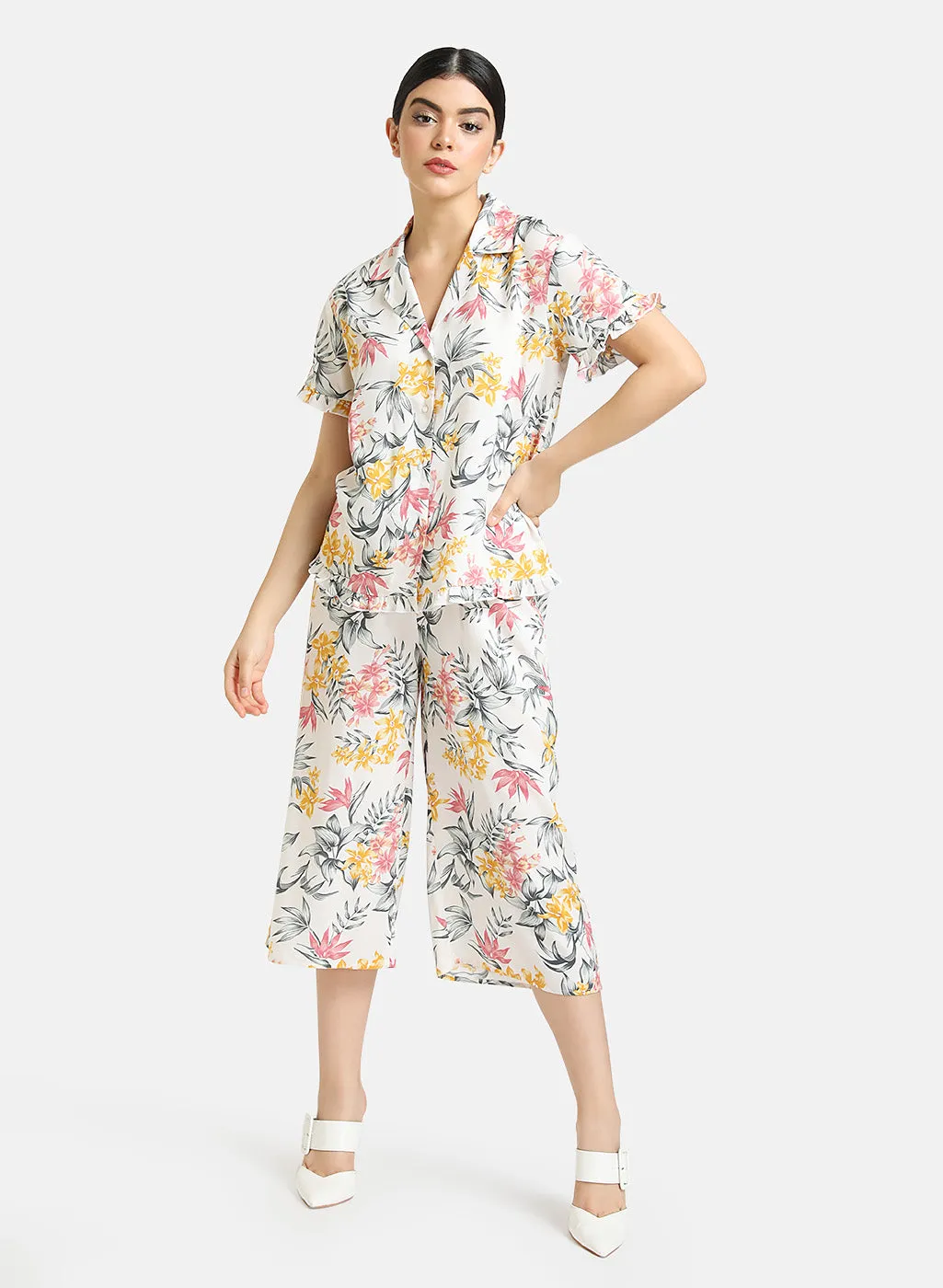 Floral Printed Shirt With Pajama Lounge Set