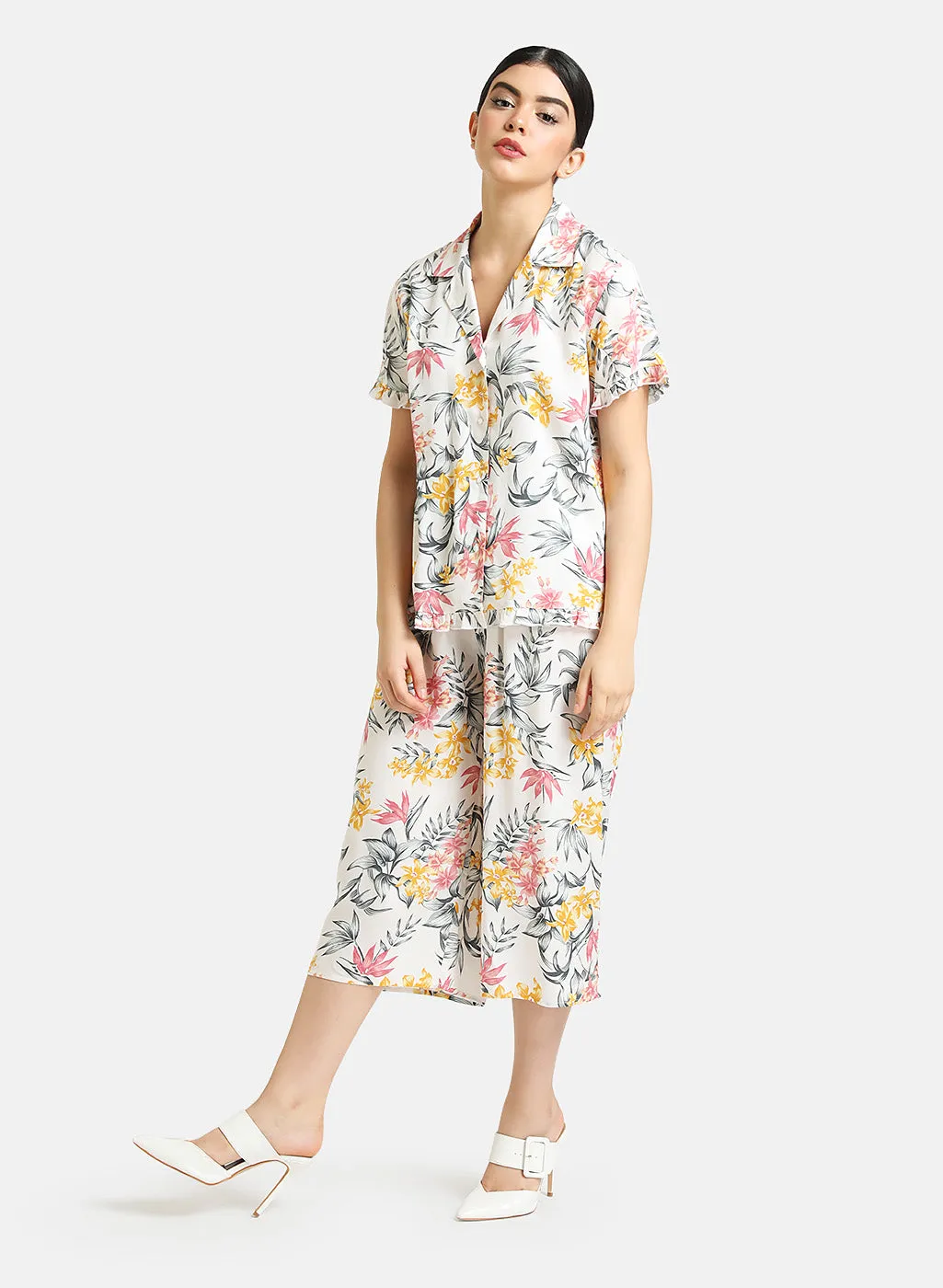 Floral Printed Shirt With Pajama Lounge Set