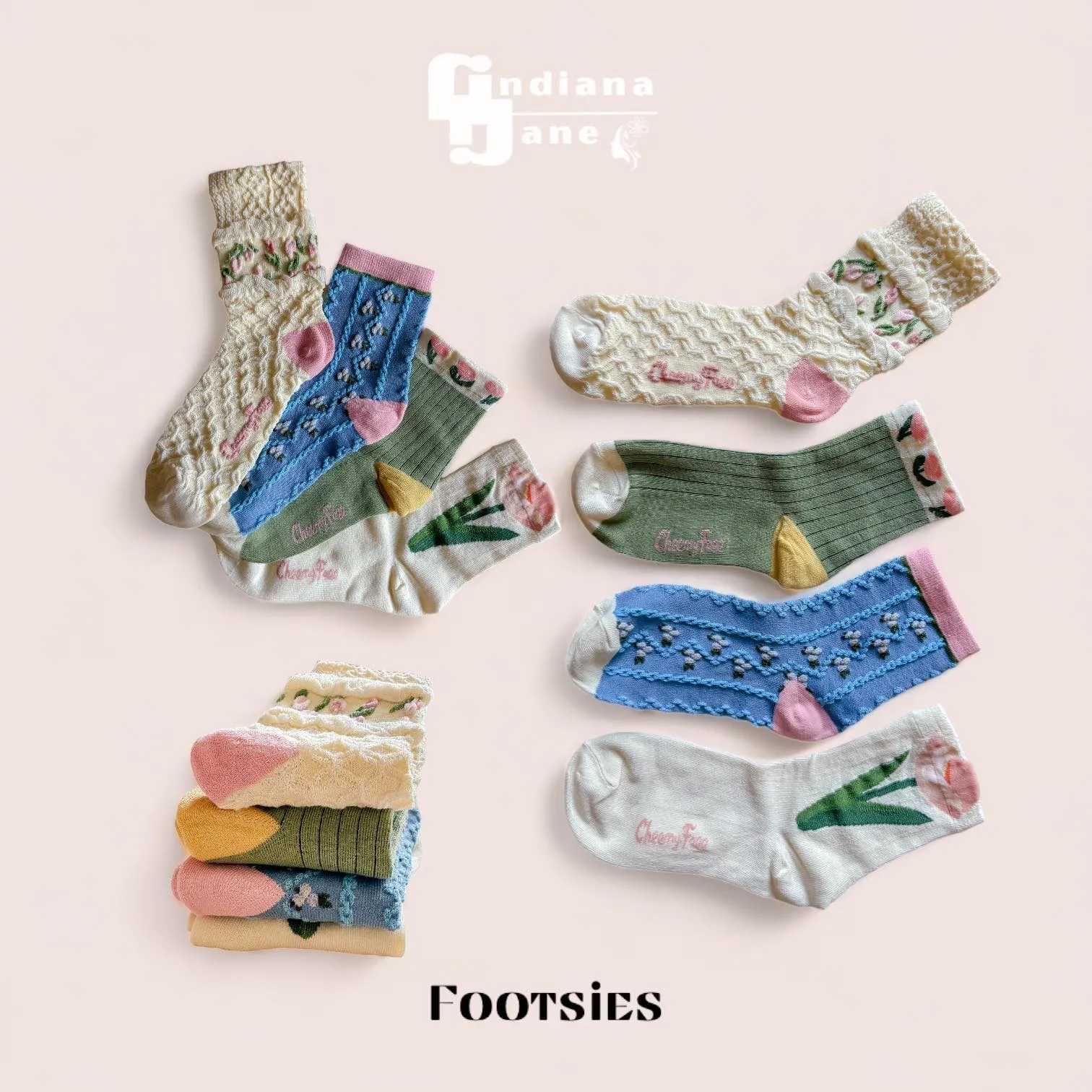 FOOTSIES 4pairs Set Floral Pattern Crew Socks