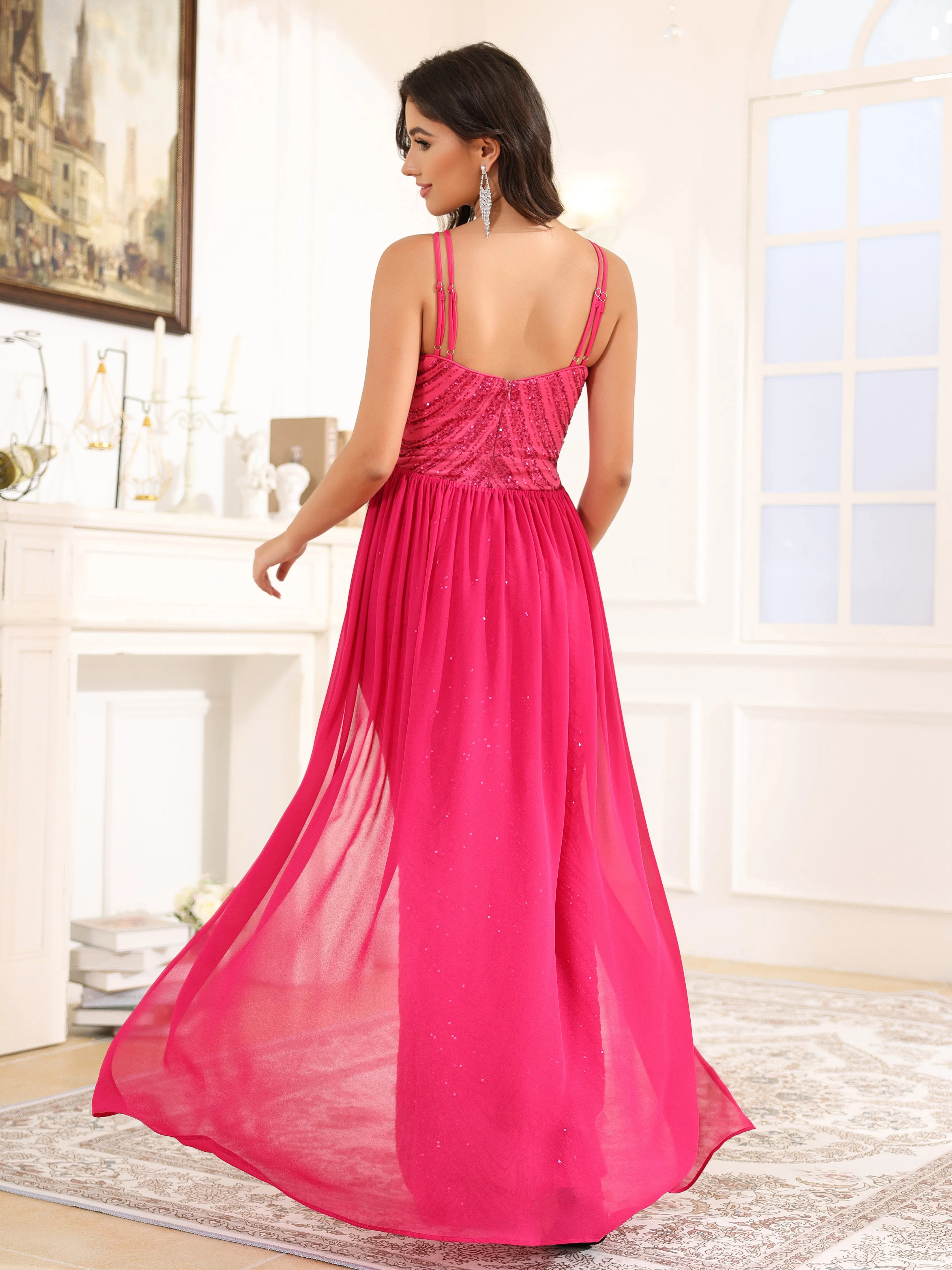 Fourreau détachable Paillettes Robe de Soirée FUCHSIA