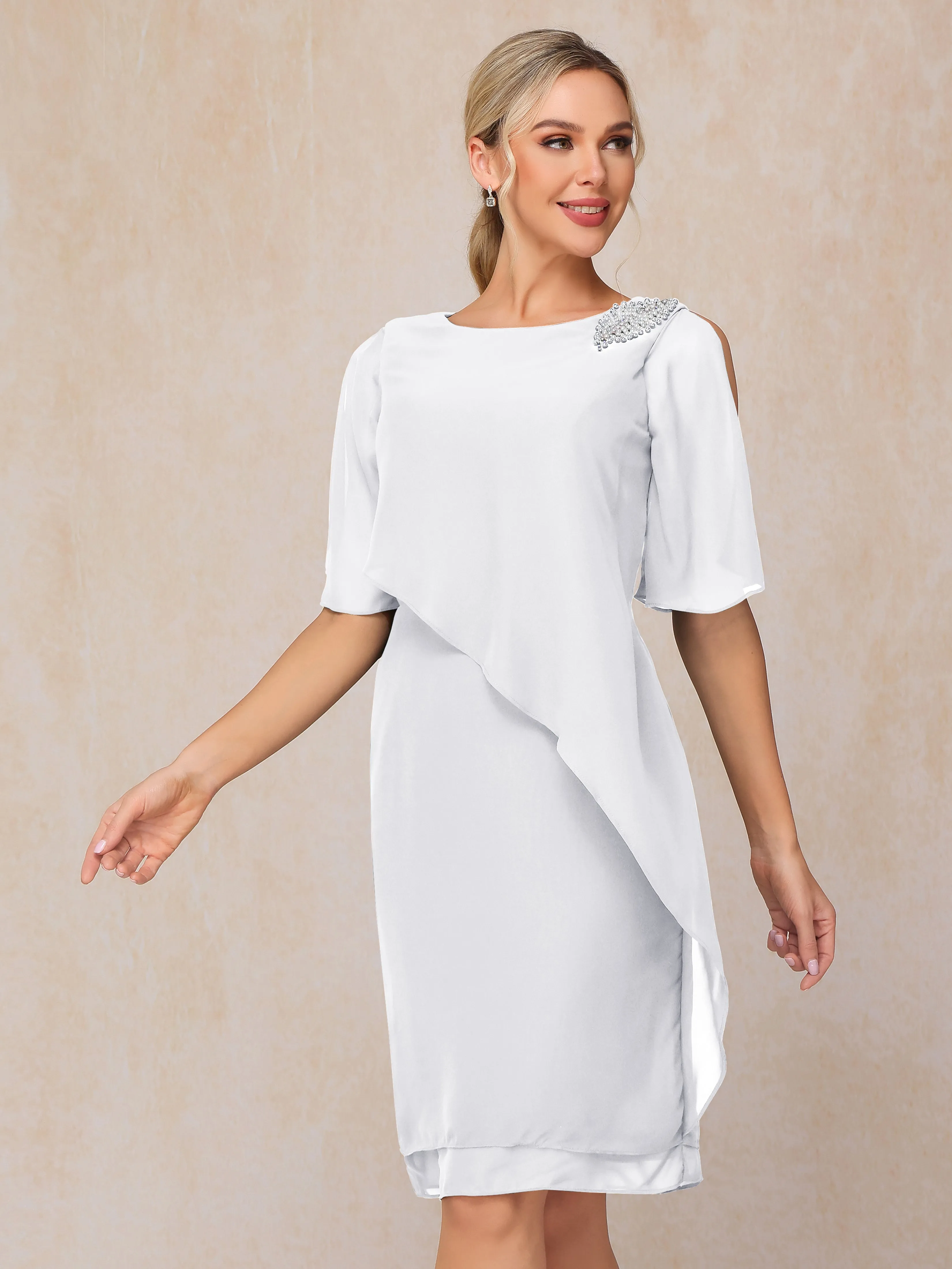 Fourreau Longueur genou Asymétrique Mousseline Robe Mère de la Mariée avec perles