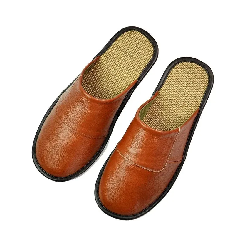 Genuine Leather Men's Home Slippers Linen Bottom Indoor Flat