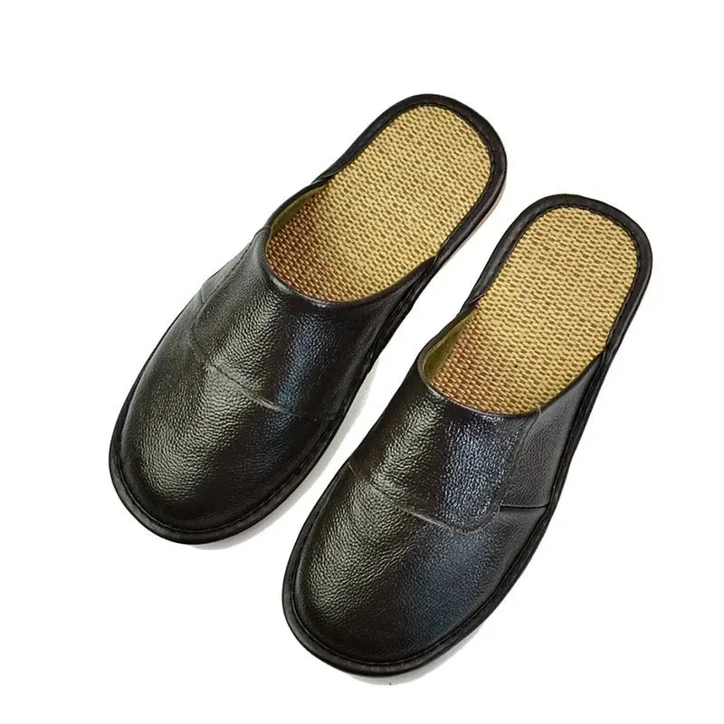 Genuine Leather Men's Home Slippers Linen Bottom Indoor Flat