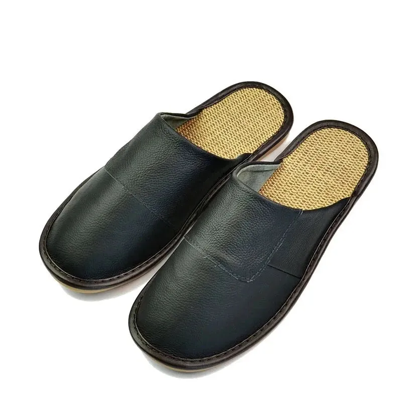 Genuine Leather Men's Home Slippers Linen Bottom Indoor Flat