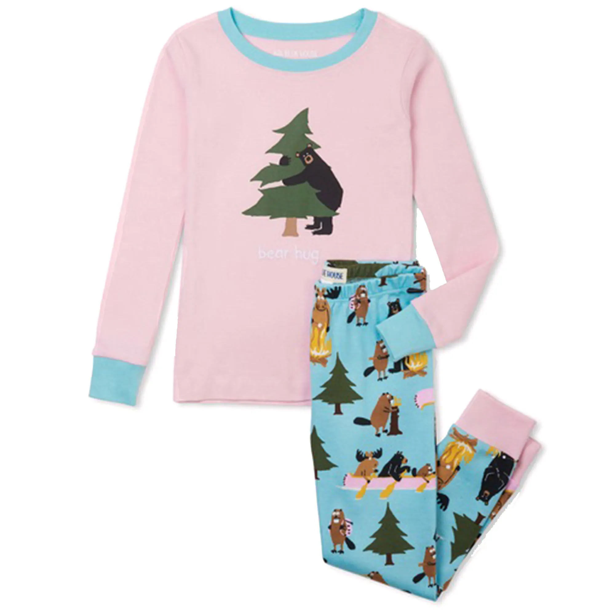 Hatley Girls' Little Blue House Life In The Wild Pink Applique Long-Sleeve Pajama Set, 2-Piece