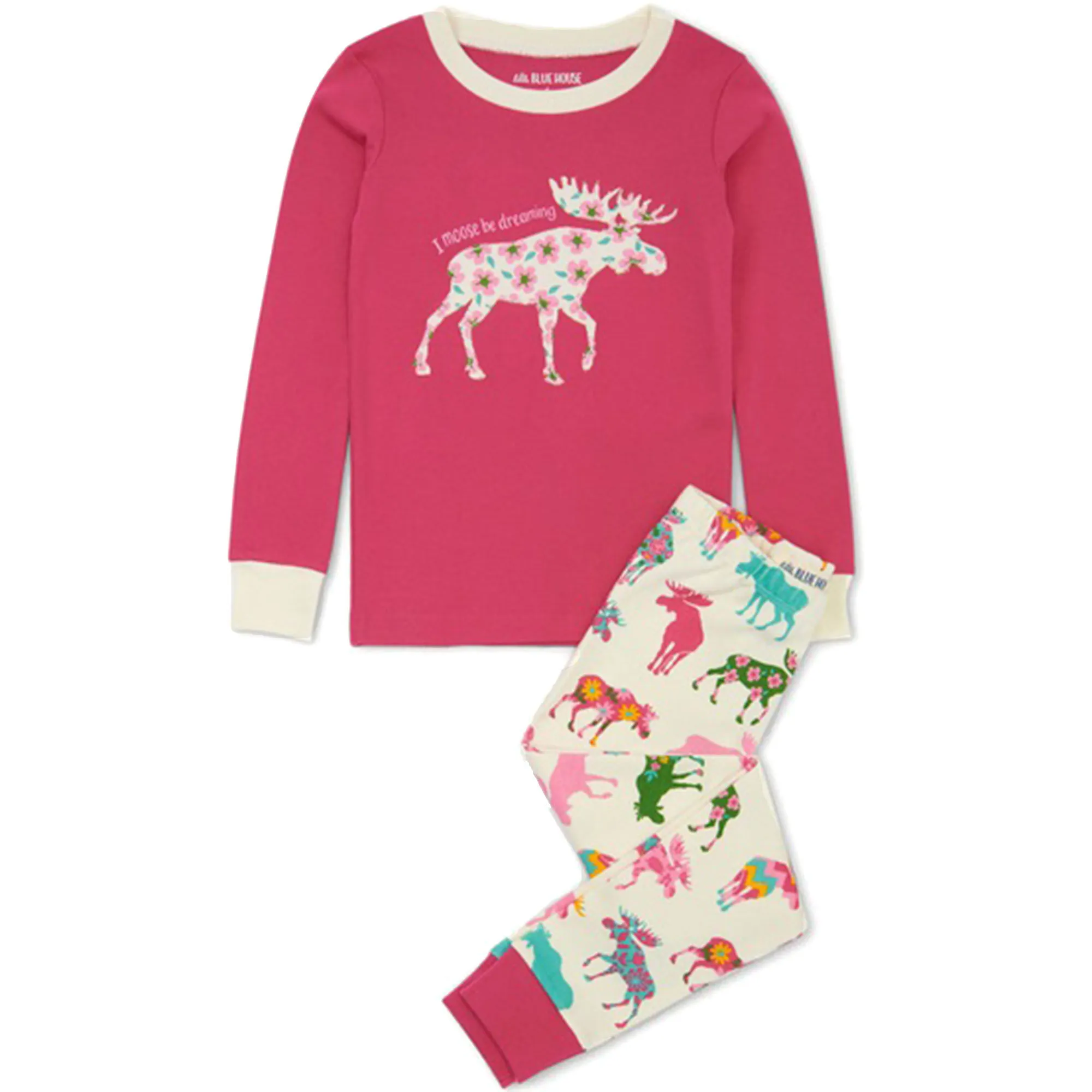 Hatley Girl's Little Blue House Patterned Moose Applique Long-Sleeve Pajama Set, 2-Piece