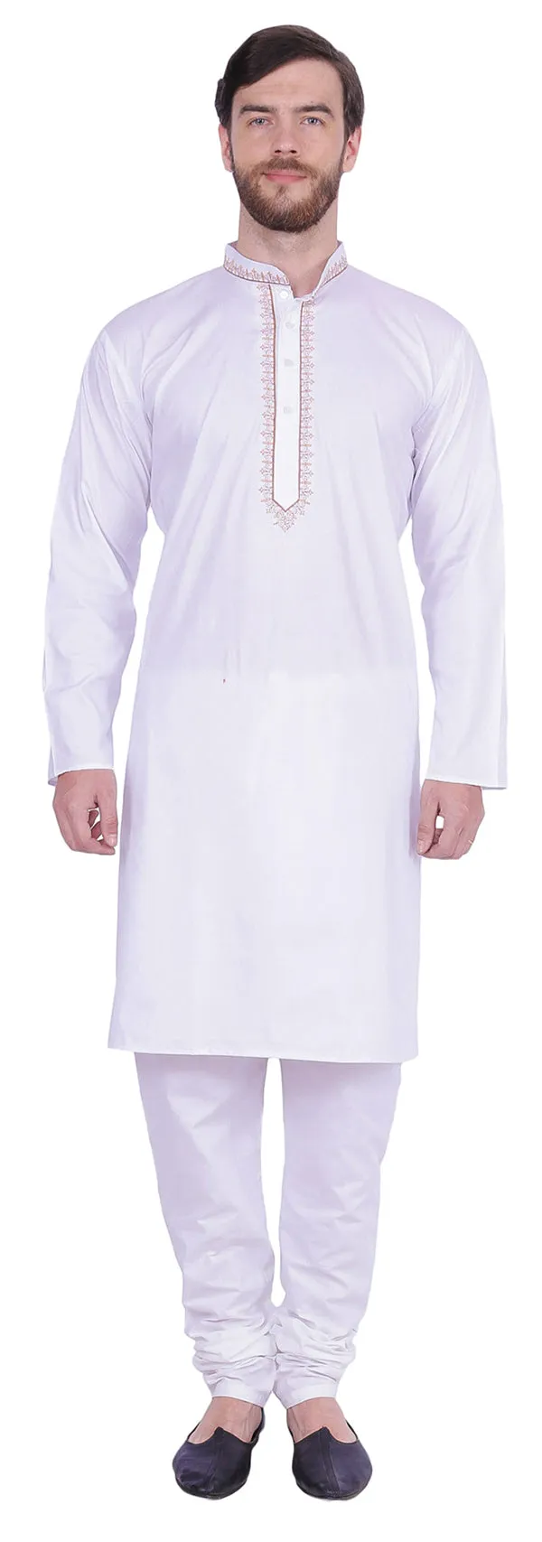 India Cotton Men's Embroidered Kurta Pyjama Indian Clothing Party Wear (Off-White)