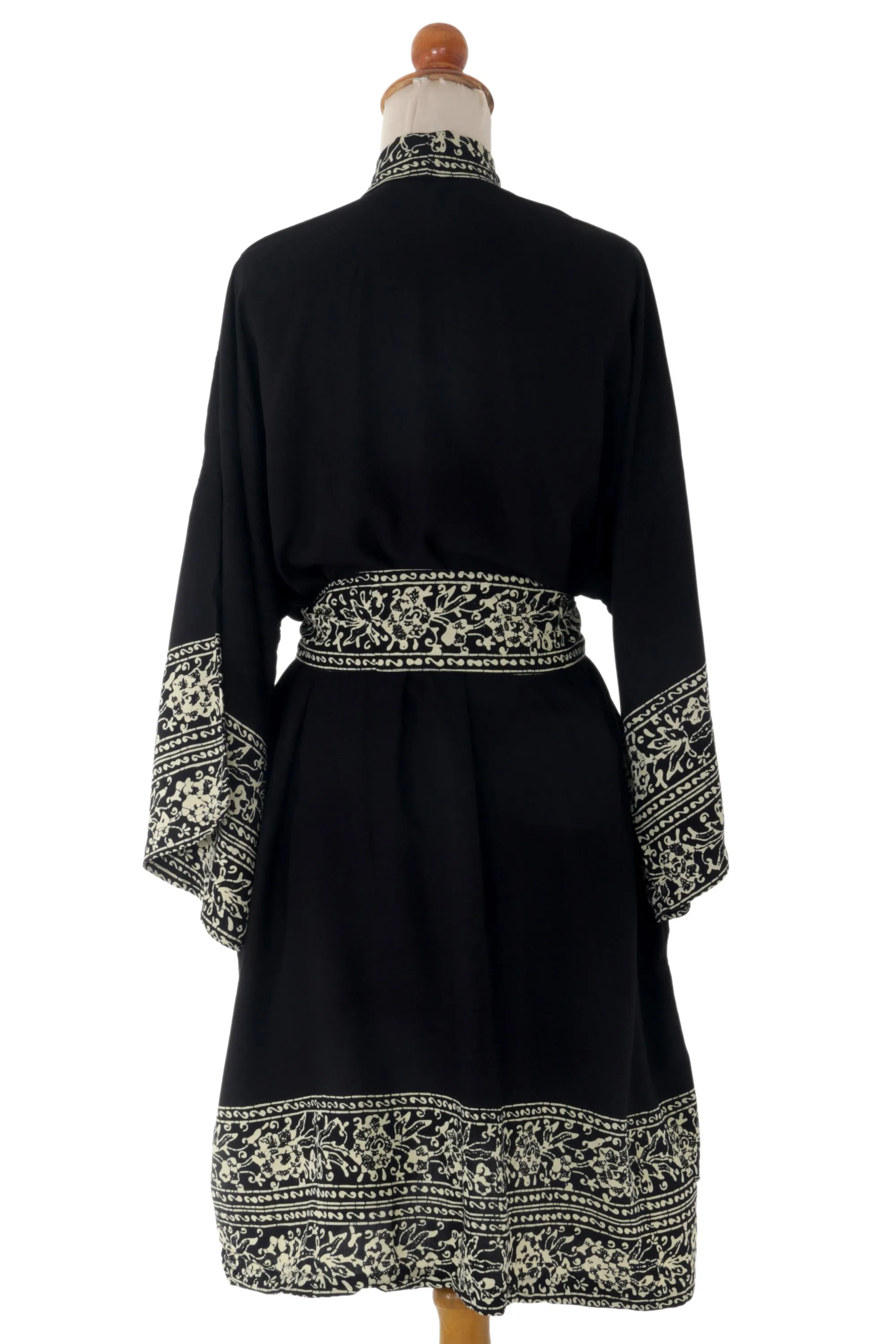 Indonesian Floral Patterned Black and White Short Robe, 