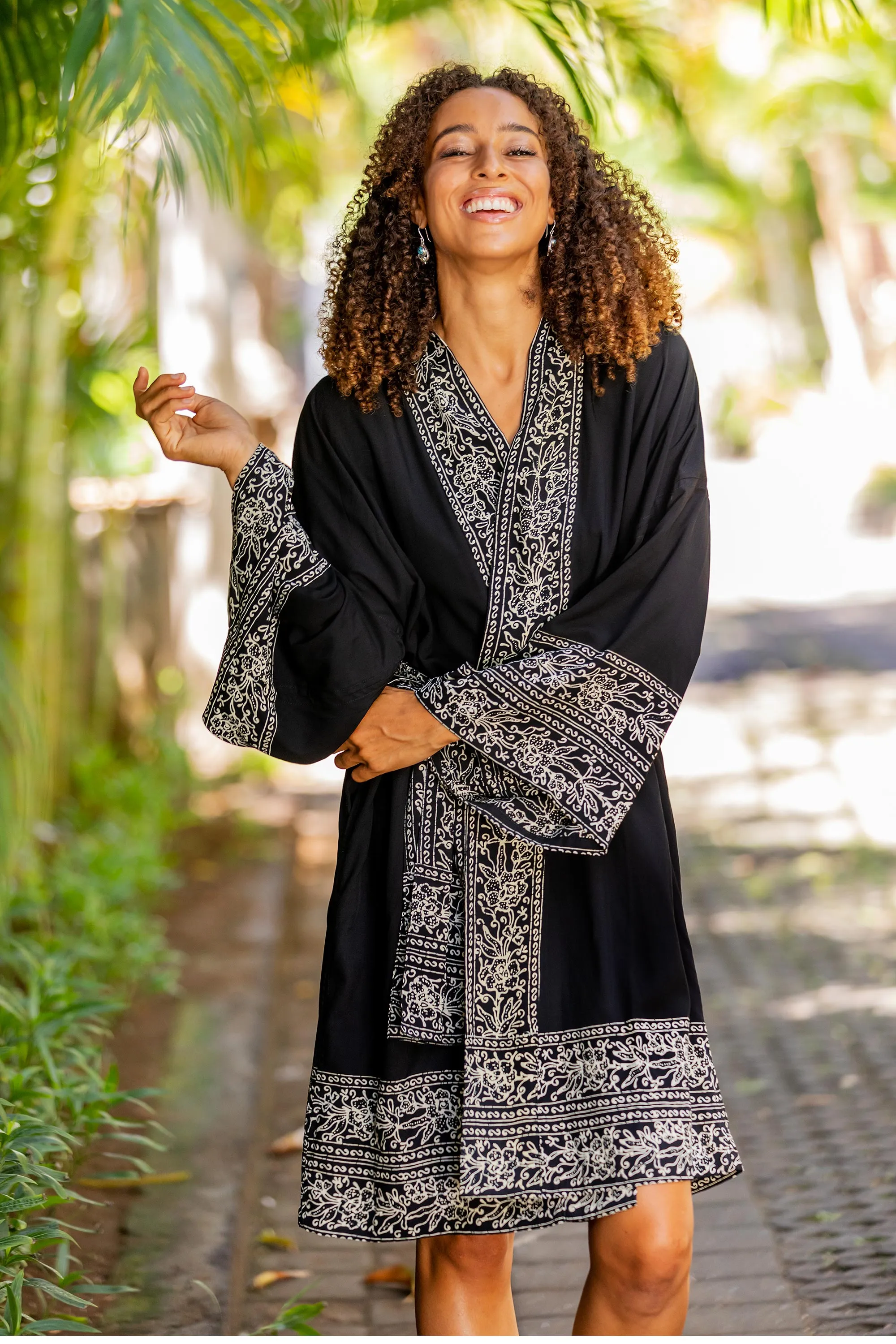 Indonesian Floral Patterned Black and White Short Robe, 