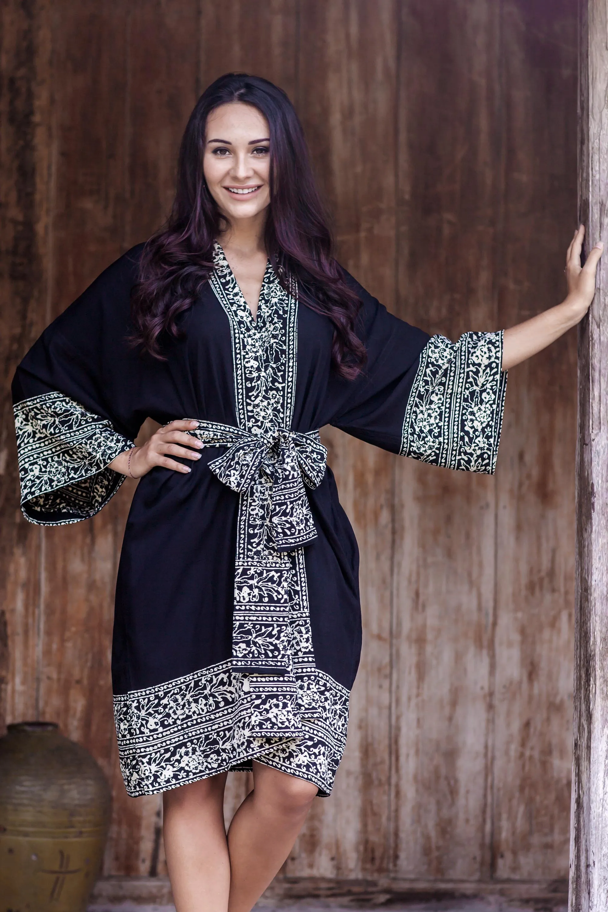 Indonesian Floral Patterned Black and White Short Robe, 