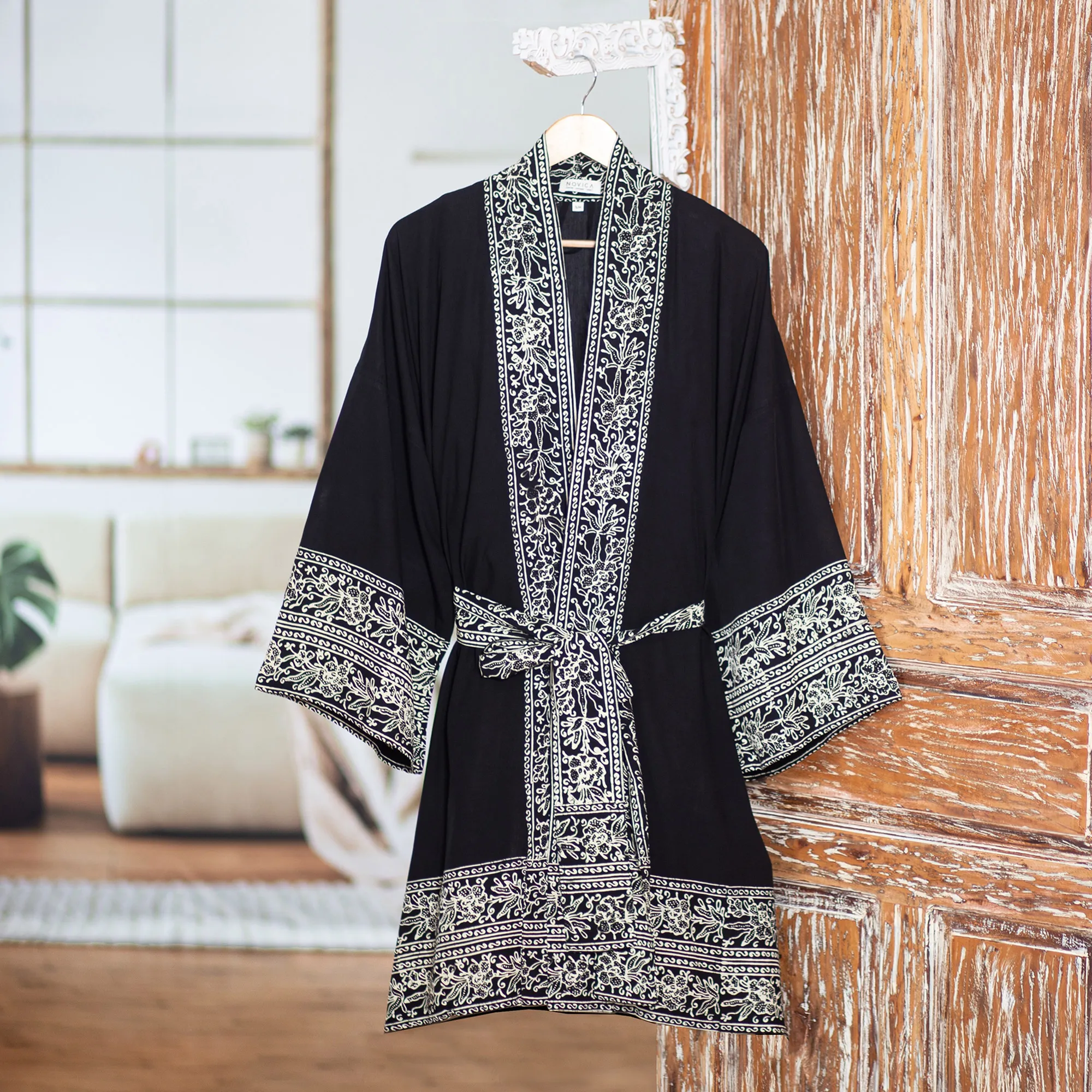 Indonesian Floral Patterned Black and White Short Robe, 