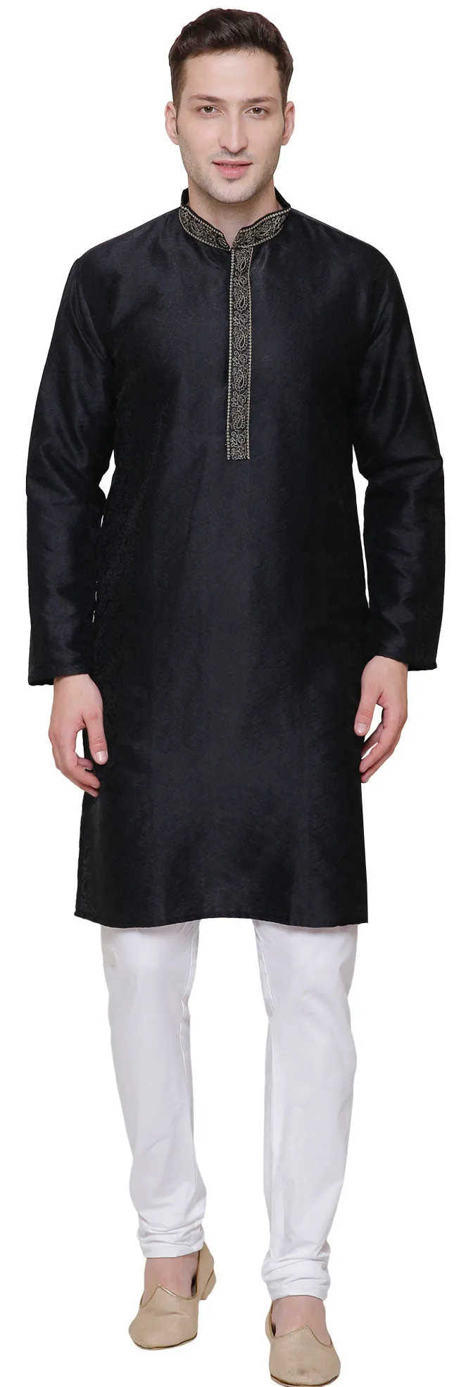 Jacquard Silk Embroidered Mens Kurta Pajama India Clothing (Black)