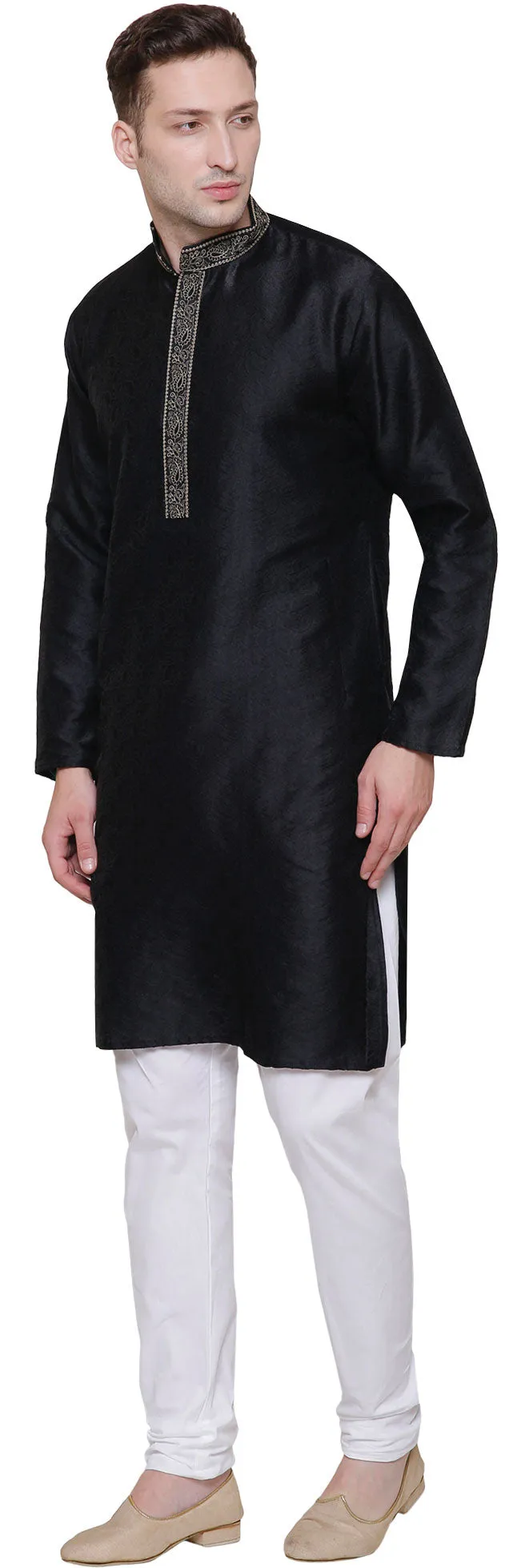 Jacquard Silk Embroidered Mens Kurta Pajama India Clothing (Black)