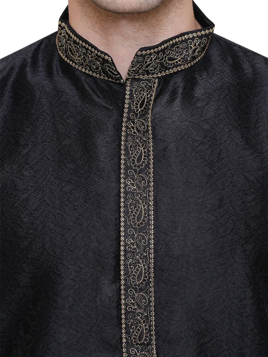 Jacquard Silk Embroidered Mens Kurta Pajama India Clothing (Black)