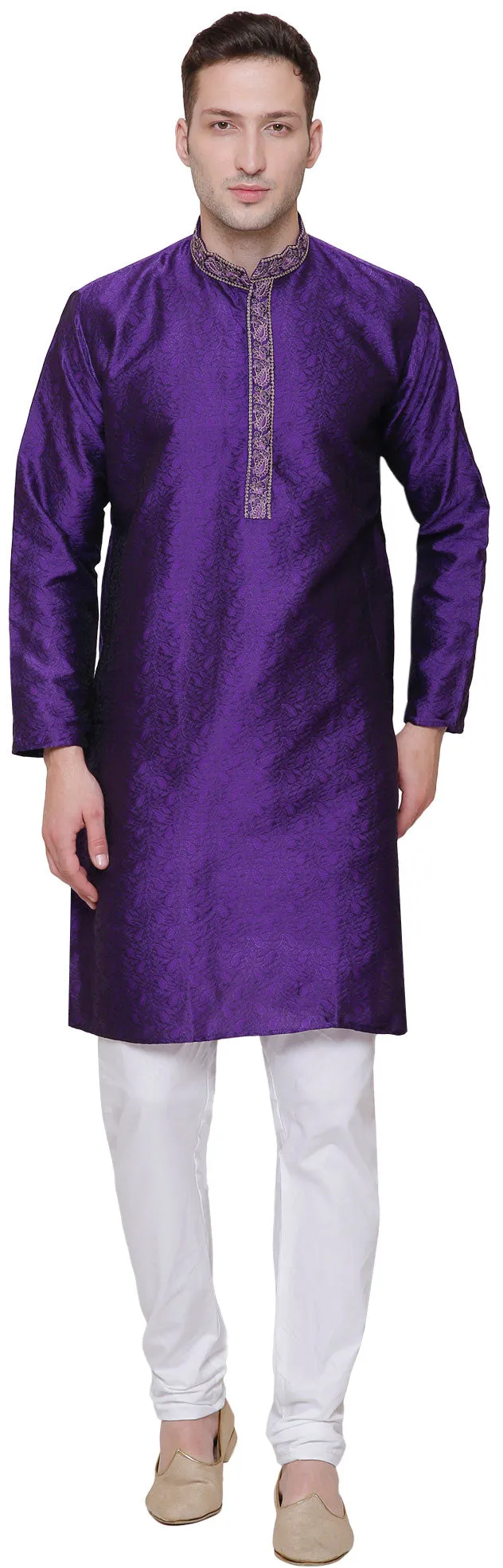 Jacquard Silk Embroidered Mens Kurta Pajama India Clothing (Purple)