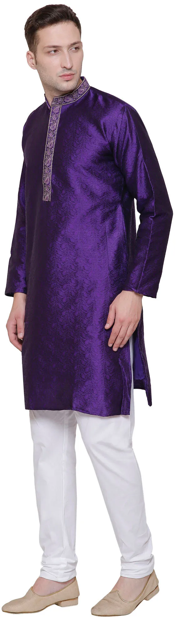 Jacquard Silk Embroidered Mens Kurta Pajama India Clothing (Purple)