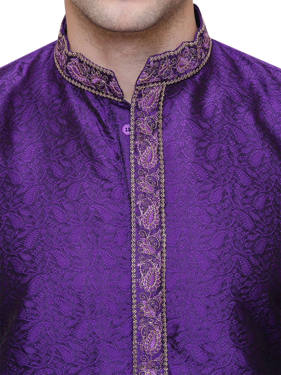 Jacquard Silk Embroidered Mens Kurta Pajama India Clothing (Purple)