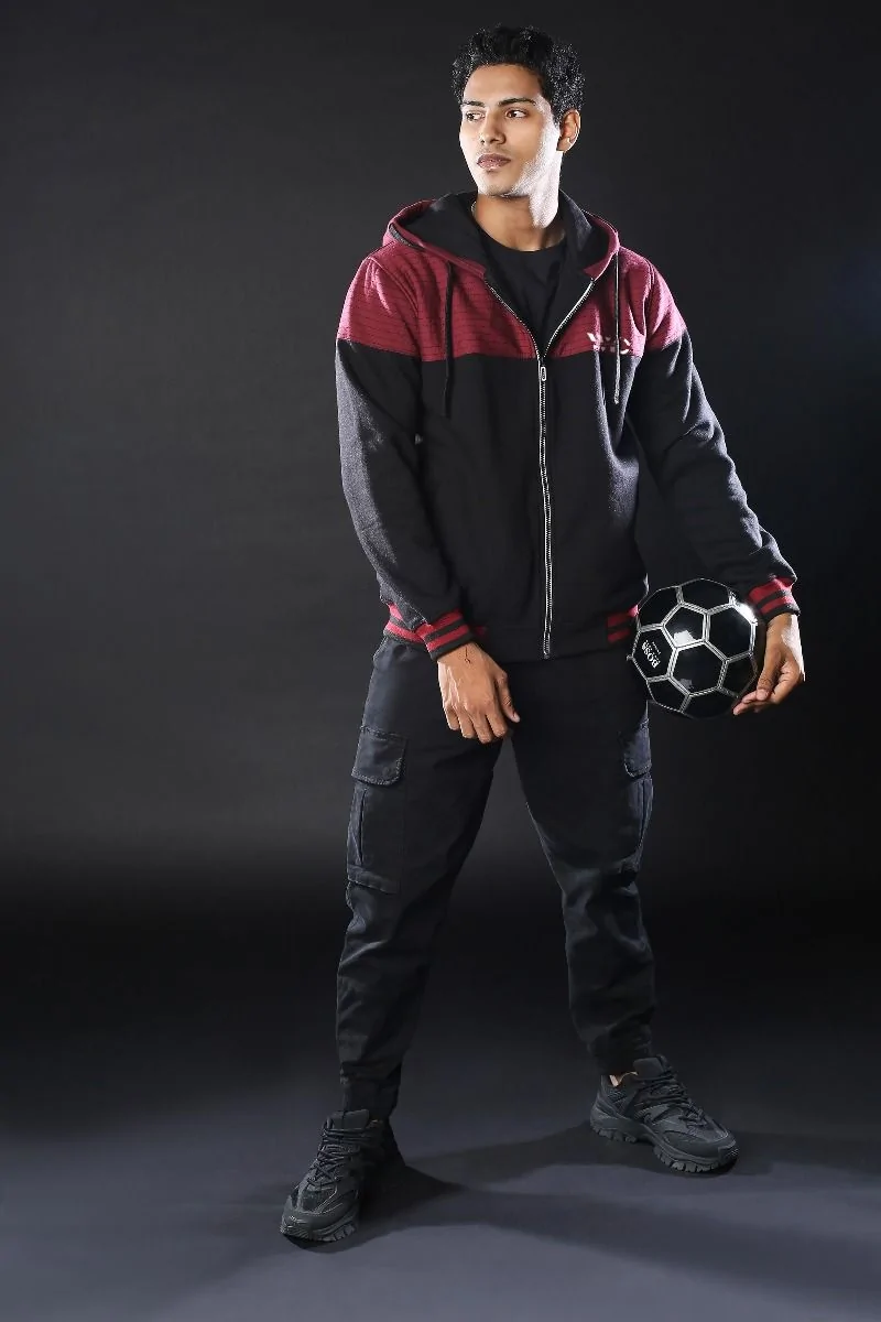 Maroon Black Colour Block Zipper Hoodie