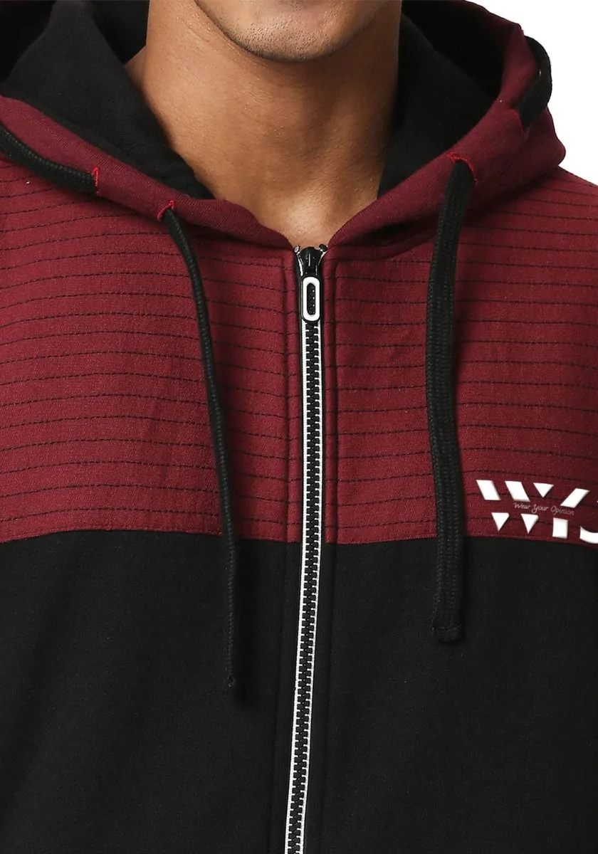 Maroon Black Colour Block Zipper Hoodie