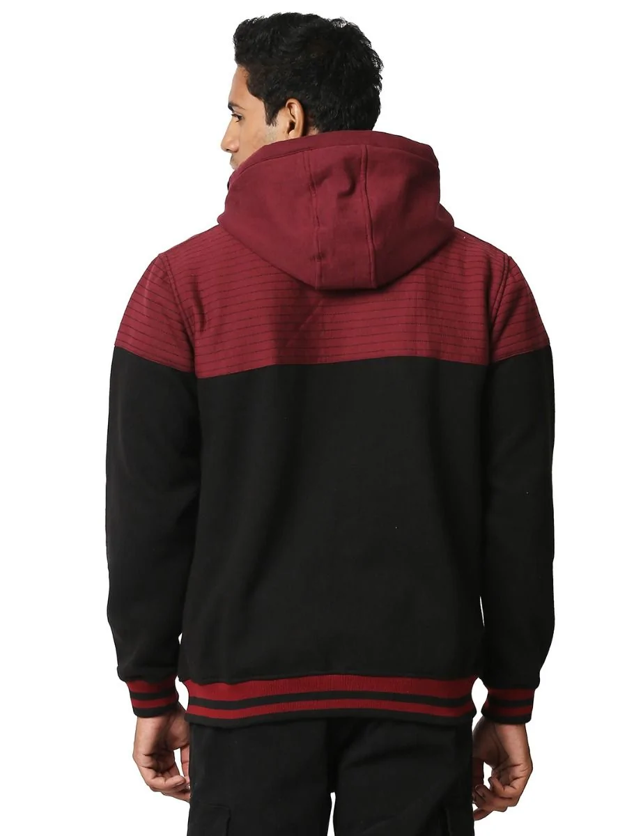 Maroon Black Colour Block Zipper Hoodie